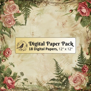18 carta Vintage Roses Felci, confezione di carta digitale, carta per diario spazzatura, carta per scrapbooking, carta stampabile, JPG di alta qualità, sfondo floreale