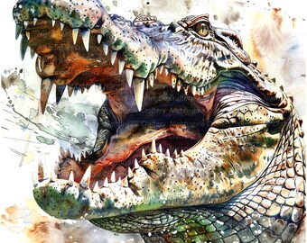 10 Crocodile Clipart, Crocodile Jaws, Printable Watercolor clipart, High Quality JPGs, Digital download, Paper craft, junk journals