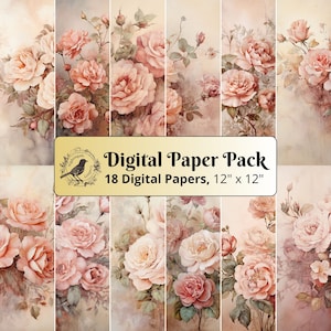 18 documenti di sfondo Vintage Roses, pacchetto di carta digitale 12 x 12, carta per diario spazzatura, carta per album, carta stampabile, JPG di alta qualità