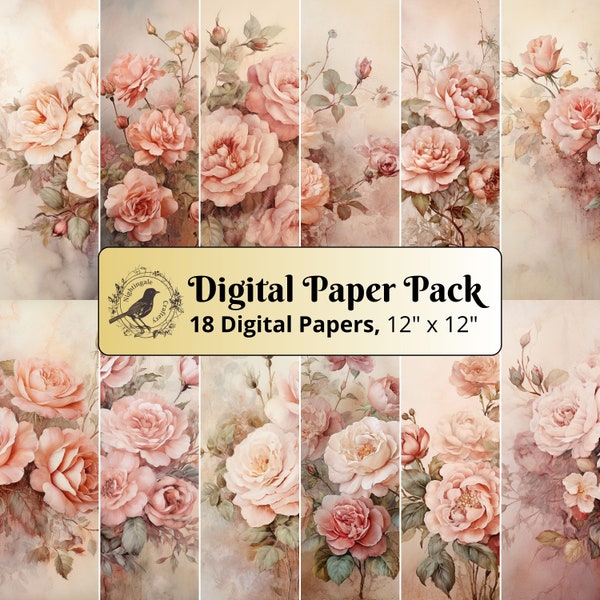 18 Vintage Roses background papers, 12 x 12 Digital Paper pack, Junk Journal Paper, Scrapbook paper, Printable Paper, High Quality JPGs