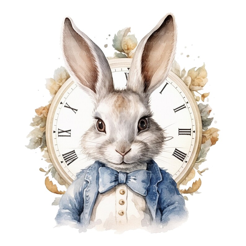 May include: A watercolor painting of a white rabbit wearing a blue suit and bow tie, with a clock face behind it. The rabbit has brown eyes and a long nose. The clock face has Roman numerals and is surrounded by a floral design.