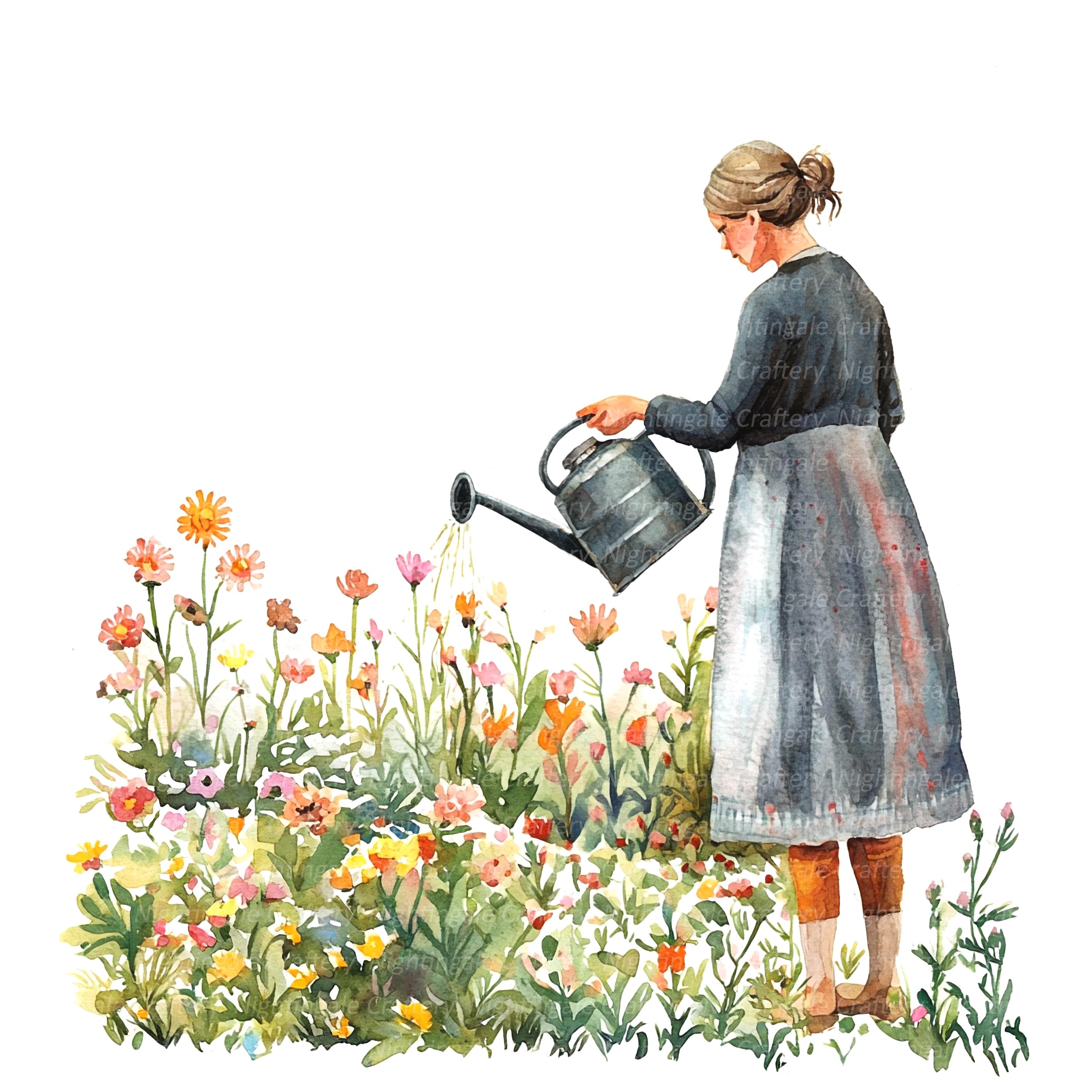 花に水をやる女性10人のイラストセット3、印刷可能な水彩画のイラスト