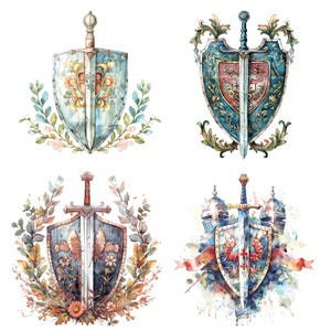 May include: Four watercolor illustrations of shields with swords. Each shield has a different design with floral accents and a sword in the center. The shields are on a white background.