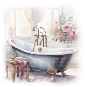 9 Clipart per vasca da bagno floreale vintage, Shabby Chic, clipart acquerello stampabile, JPG di alta qualità, download digitale, artigianato di carta, diario spazzatura