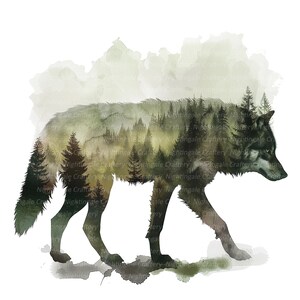 May include: A watercolor-style illustration of a wolf walking. The wolf's silhouette is filled with a forest scene, featuring tall trees and a misty background. The color palette includes shades of gray, green, and brown, creating a natural and serene aesthetic.