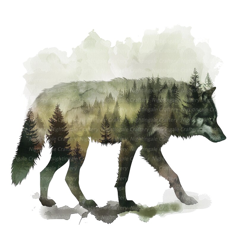 May include: A watercolor-style illustration of a wolf walking. The wolf's silhouette is filled with a forest scene, featuring tall trees and a misty background. The color palette includes shades of gray, green, and brown, creating a natural and serene aesthetic.