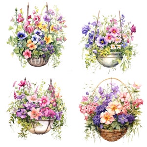13 吊り下げ植木鉢のクリップアート、吊り下げ花、印刷可能な水彩画のクリップアート、高品質の JPG、デジタルダウンロード、ペーパークラフト、ジャンクジャーナル