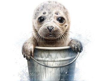 8 Baby Seal in Bucket Clipart, Seal playing, Printable Watercolor clipart, High Quality PNGs, Digital download, Paper craft, junk journals