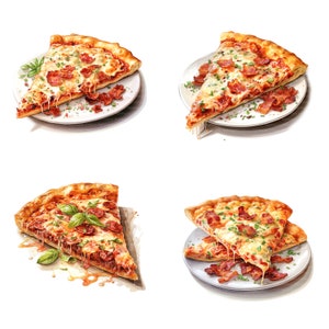 May include: Four slices of pizza with different toppings on white plates. The pizza slices are topped with cheese, bacon, and herbs. The pizza slices are on white plates with a white background.
