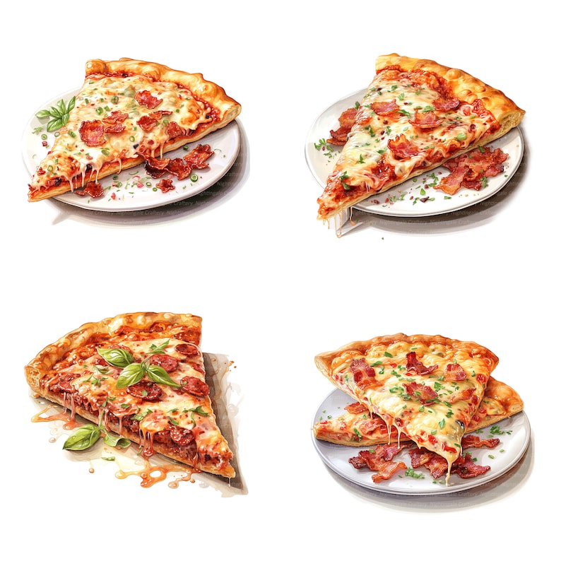 May include: Four slices of pizza with different toppings on white plates. The pizza slices are topped with cheese, bacon, and herbs. The pizza slices are on white plates with a white background.