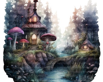 9 imágenes prediseñadas de Bosque Mágico, Bosque encantado, imágenes prediseñadas de acuarela imprimibles, JPG de alta calidad, descarga digital, alta resolución, manualidades en papel