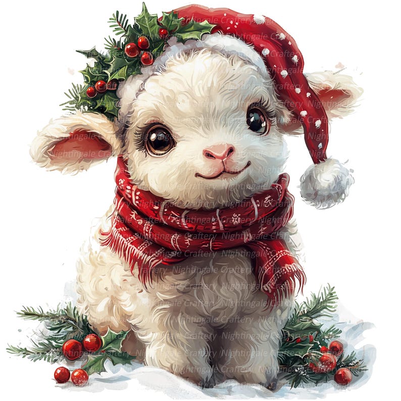 May include: A cute lamb illustration wearing a red Santa hat with white polka dots and a matching scarf. The lamb is adorned with a holly wreath and berries, and is sitting in snow. A festive holiday design.