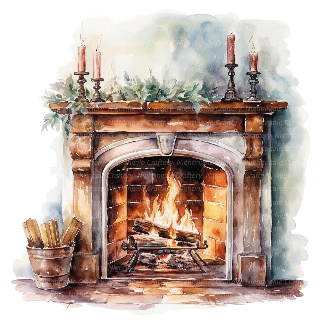 10 Fireplace Clipart, Printable Watercolor Clipart, High Quality Jpgs, Digital Download, High ...