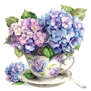 10 Hydrangea In Tea Cup Clipart, Tazza da tè floreale, Clipart acquerello stampabile, JPG di alta qualità, download digitale, Mestiere di carta, diario spazzatura