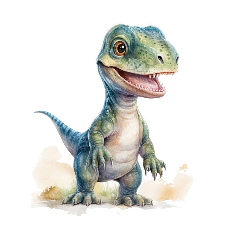 K&ouml;nnte beinhalten: Ein Aquarellbild eines gr&uuml;n-blauen Dinosauriers mit einem zahnigen Grinsen. Der Dinosaurier steht auf seinen Hinterbeinen, der Schwanz ist hinter ihm eingerollt.