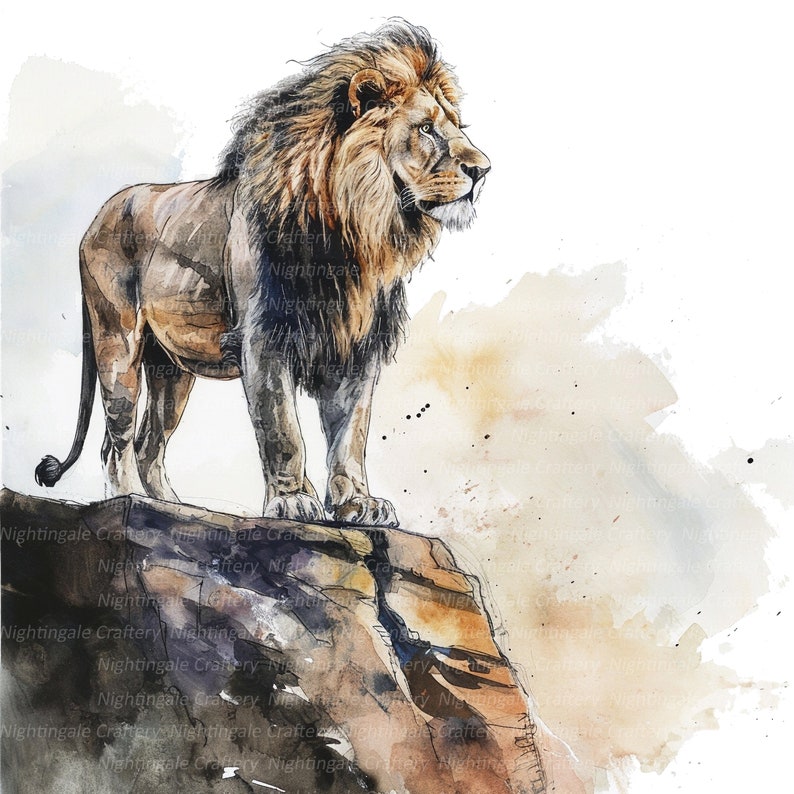 K&ouml;nnte beinhalten: Ein Aquarellbild eines L&ouml;wen, der auf einer felsigen Klippe steht. Der L&ouml;we blickt nach rechts und hat eine dicke M&auml;hne. Der Hintergrund ist ein weicher Waschgang aus Braun und Gelb.