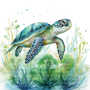May include: Watercolor painting of a sea turtle swimming in the ocean. The turtle has a green and blue shell, with a detailed pattern. The background features aquatic plants in shades of green and blue.