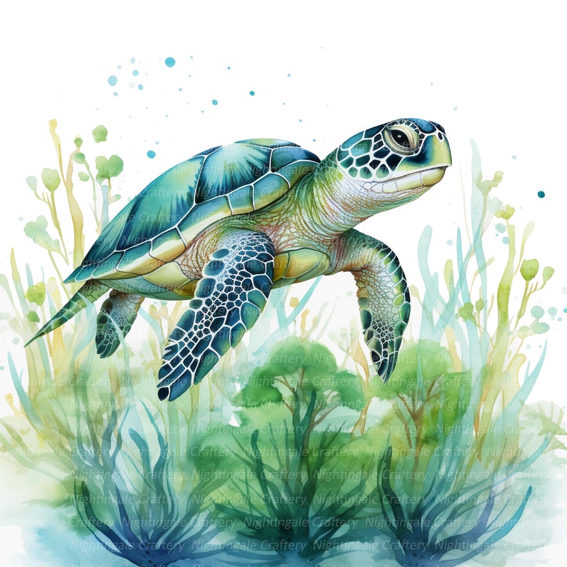 May include: Watercolor painting of a sea turtle swimming in the ocean. The turtle has a green and blue shell, with a detailed pattern. The background features aquatic plants in shades of green and blue.