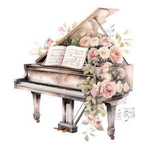 10 cliparts floraux pour piano à queue, clipart aquarelle imprimable, PNG/JPG de haute qualité, téléchargement numérique, haute résolution, créations en papier