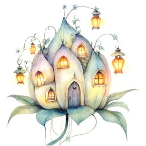 9 Clipart di case delle fate stravaganti, case delle fate dei fiori, clipart di acquerelli stampabili, JPG di alta qualità, download digitale, lavoretti di carta, diario