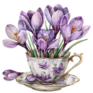 10 Crochi in tazza da tè Clipart, tazza da tè floreale, clipart acquerello stampabile, PNG di alta qualità, download digitale, artigianato di carta, diario spazzatura
