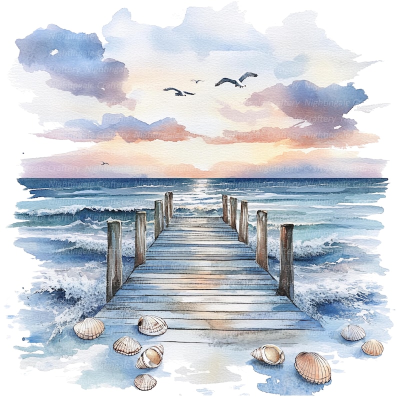 May include: A watercolor painting of a wooden pier extending into a blue ocean with white waves. The sky is a soft pink and blue with a few birds flying overhead. There are seashells scattered on the sand.