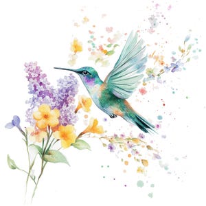 Puede incluir: Una pintura de acuarela de un colibr&iacute; en vuelo con las alas extendidas. El colibr&iacute; es verde, azul y morado con un pico largo y delgado. El colibr&iacute; est&aacute; volando sobre un grupo de flores moradas y amarillas. El fondo es una acuarela blanca con salpicaduras de color.