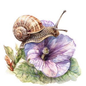 Puede incluir: Un caracol marr&oacute;n con una concha en espiral se arrastra sobre una flor morada con vetas blancas. La flor est&aacute; rodeada de hojas verdes.