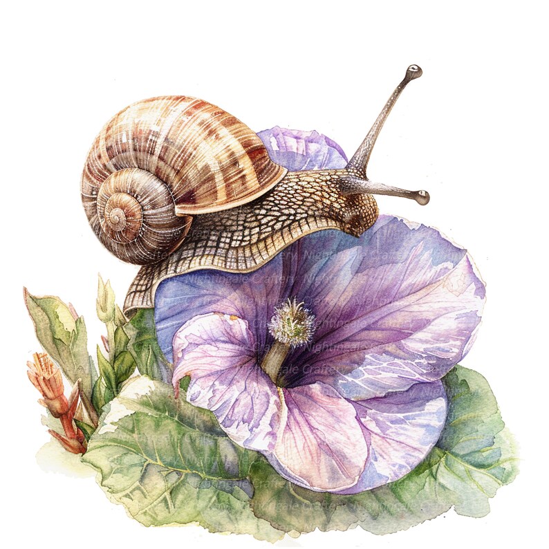 Puede incluir: Un caracol marr&oacute;n con una concha en espiral se arrastra sobre una flor morada con vetas blancas. La flor est&aacute; rodeada de hojas verdes.