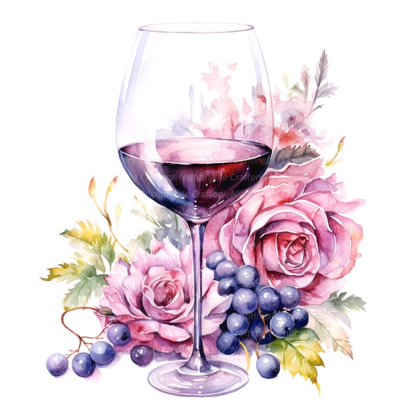 14 Clipart floral verre à vin, verre floral, clipart aquarelle imprimable, fichiers JPG de haute qualité, téléchargement numérique, créations en papier, journaux indésirables