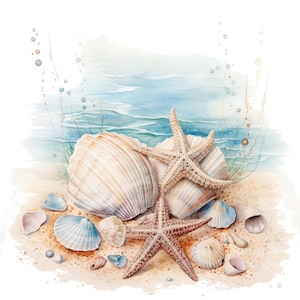 May include: A watercolor painting of seashells and starfish on a sandy beach. The seashells are various shades of white and brown, and the starfish are a light beige color. The background is a light blue watercolor wash, suggesting the ocean.