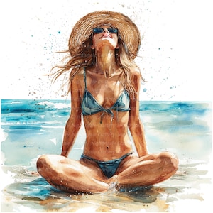 10 Clipart donna sulla spiaggia, donna che si rilassa, clipart acquerello stampabile, JPG di alta qualità, download digitale, artigianato con la carta, diario spazzatura