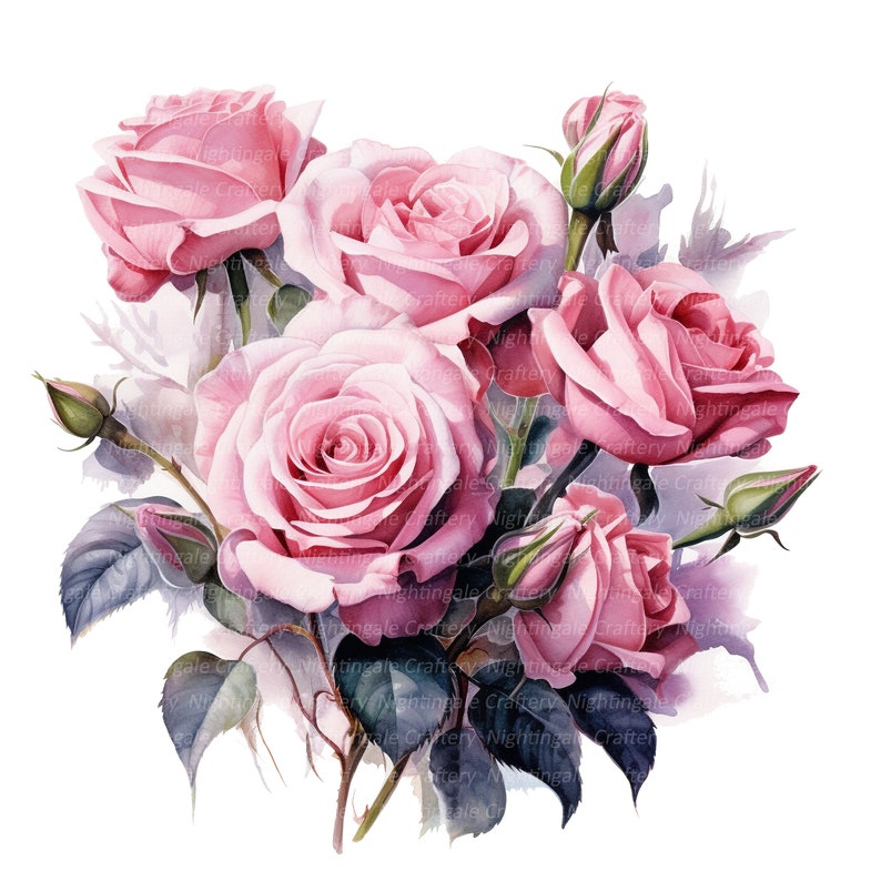 10 Pink Roses Bouquet Clipart, Wedding Bouquet, Printable Watercolor ...