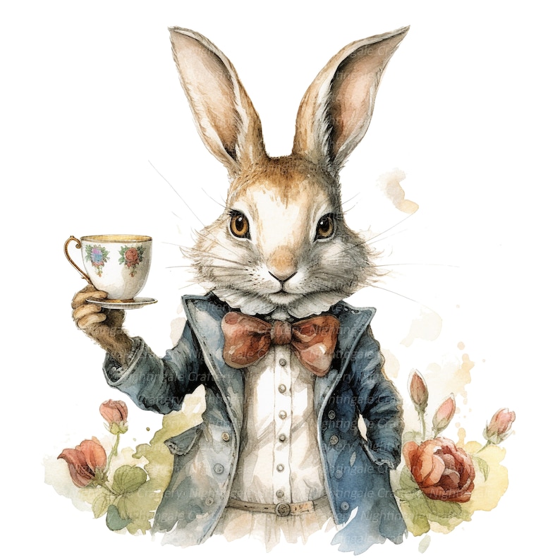 May include: A watercolor painting of a rabbit wearing a blue suit and a bow tie, holding a teacup. The rabbit is surrounded by flowers and greenery.