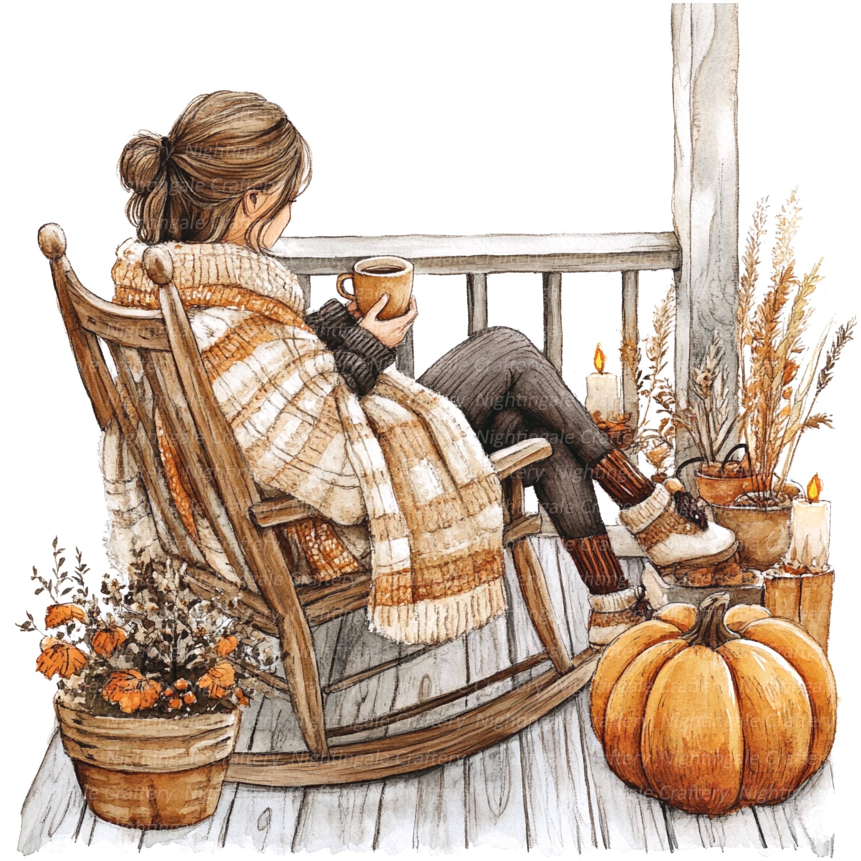 7 Cozy Porch Clipart, Autumn Porch, Coffee, Printable Watercolor ...