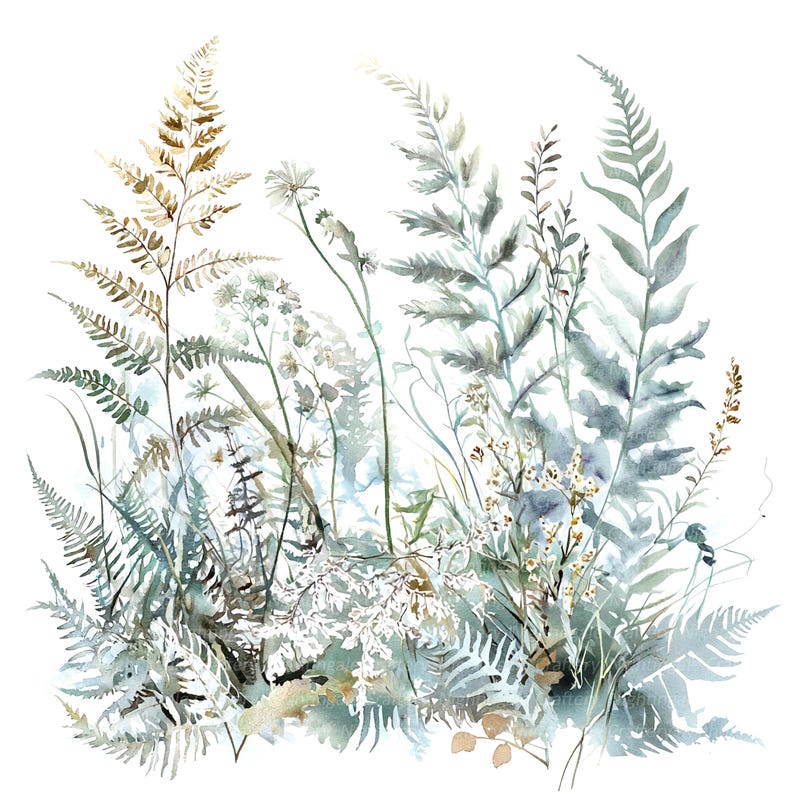 10 Abstract Fern Leaves Clipart, Fern Clipart, Printable Watercolor ...