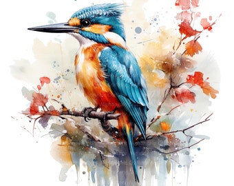 May include: Watercolor painting of a kingfisher perched on a branch with autumn leaves. The bird has blue and orange feathers and is depicted in a realistic style.