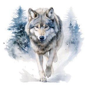 12 Wolf in de winter clipart, afdrukbare aquarel clipart, hoge kwaliteit PNG/JPG, digitale download, hoge resolutie, Paper Crafts, junk Journal