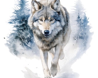 12 Wolf in Winter Clipart, Printable Watercolor clipart, High Quality PNG/JPG, Digital download, High resolution, Paper crafts, junk journal