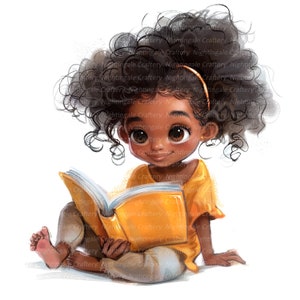 10 Black Girl Clipart, Lectura, Chibi Girl, Imágenes prediseñadas de acuarela imprimibles, JPG de alta calidad, Descarga digital, Artesanía de papel, diario basura