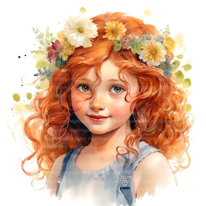 10 Clipart petite fille aux cheveux roux, fille rousse, clipart aquarelle imprimable, JPG de haute qualité, téléchargement numérique, créations en papier, journal indésirable