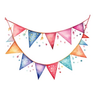 May include: Watercolor illustration of a festive banner with colorful triangular flags. The flags are in shades of red, pink, blue, orange, and purple, with polka dots and confetti. The banner is strung on a red string.