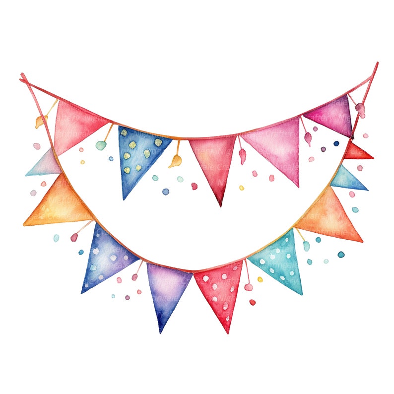 May include: Watercolor illustration of a festive banner with colorful triangular flags. The flags are in shades of red, pink, blue, orange, and purple, with polka dots and confetti. The banner is strung on a red string.