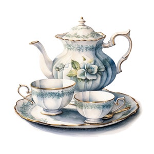 Peut inclure: Un service &agrave; th&eacute; en porcelaine bleu et blanc avec des accents dor&eacute;s. L'ensemble comprend une th&eacute;i&egrave;re, deux tasses &agrave; th&eacute; et une soucoupe. La th&eacute;i&egrave;re est orn&eacute;e d'un motif floral avec une grande fleur blanche.