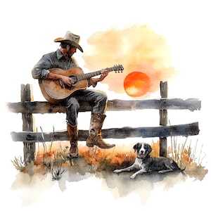 10 cowboy clipart, cowboy en gitaar, cowgirl, afdrukbare aquarel clipart, hoge kwaliteit png's, digitale download, papercraft, junk journal