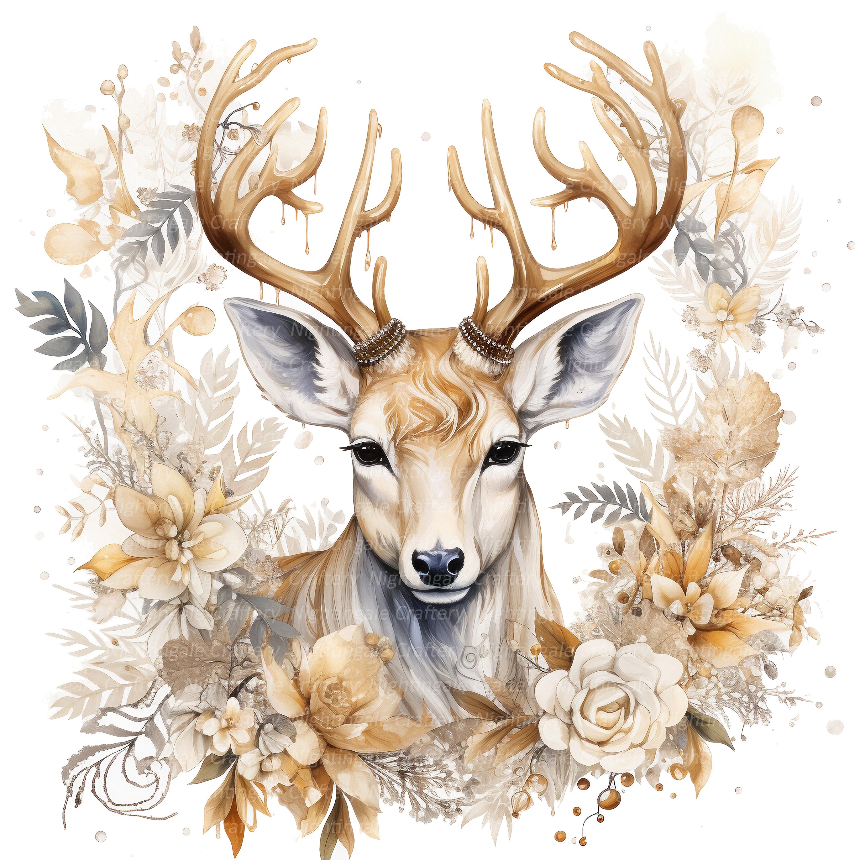 10 Golden Christmas Deer Clipart, Reindeer, Elk, Printable Watercolor ...