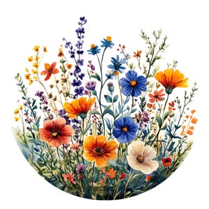 10 Wildflower Circular Decor Clipart, Flores Guirlanda, Clipart de aquarela para impressão, JPG de alta qualidade, Download digital, Artesanato em papel, Diário