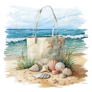 May include: A beige tote bag with two starfish on the front, sitting on a sandy beach with seashells and starfish scattered around it. The ocean is in the background.