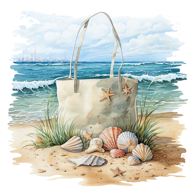 May include: A beige tote bag with two starfish on the front, sitting on a sandy beach with seashells and starfish scattered around it. The ocean is in the background.