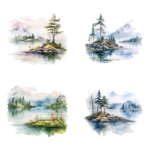 Puede incluir: Cuatro acuarelas de serenos paisajes lacustres con islas y &aacute;rboles. Cada pintura presenta una composici&oacute;n diferente de &aacute;rboles, monta&ntilde;as y agua, creando una atm&oacute;sfera pac&iacute;fica y tranquila.